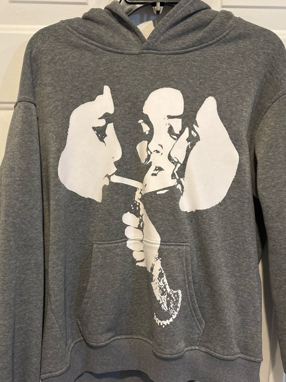 Gray Graphic Hooded Sweatshirt with White Print